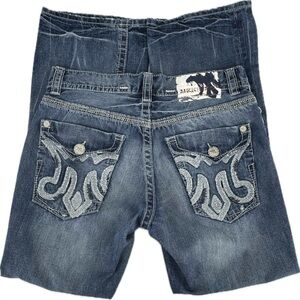 MEK Men's Distressed Dark Blue Embroidered Pocket Jeans Shorts